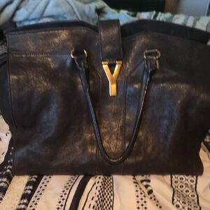 Black Leather Tote Bag with Gold Ysl  Accent